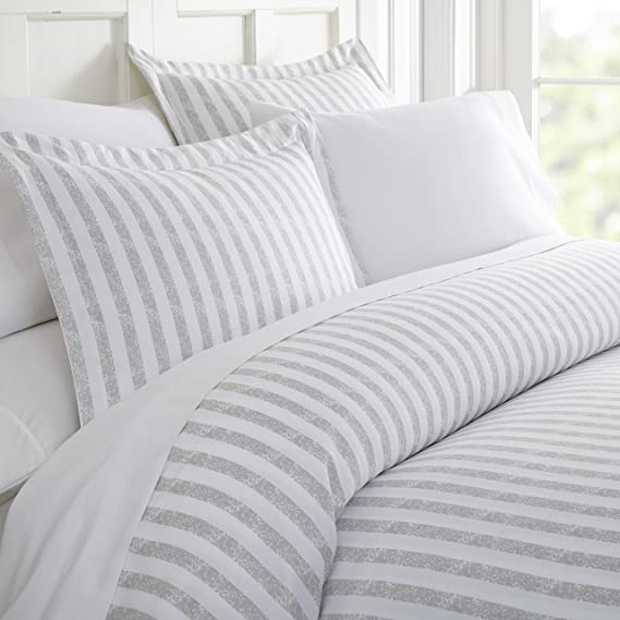 ienjoy Home 3 Piece Rugged Stripes Patterned Home Collection Premium Ultra Soft Duvet Cover Set, Queen, Light Gray