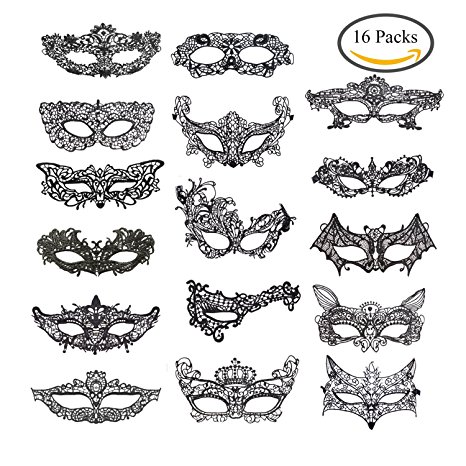 Coobey 16 Pieces Lace Masquerade Mask Venetian Halloween Costume Sexy Woman Mask for Halloween Masquerade Party, Black