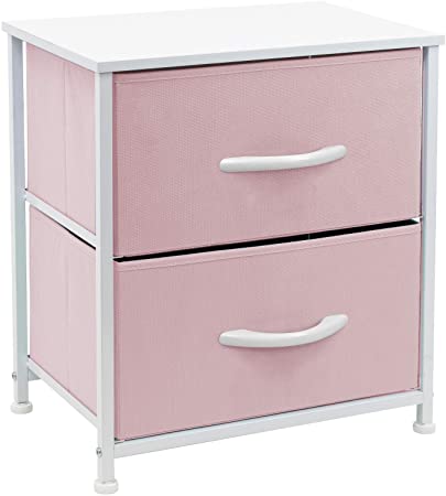 Sorbus Nightstand with 2 Drawers - Bedside Furniture & Accent End Table Chest for Home, Bedroom Accessories, Office, College Dorm, Steel Frame, Wood Top, Easy Pull Fabric Bins (Pastel Pink)