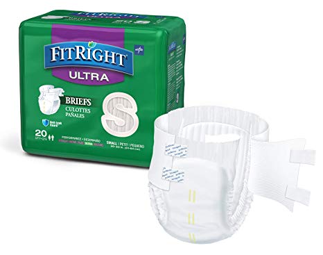 FitRight Ultra Adult Diapers, Disposable Incontinence Briefs with Tabs, Heavy Absorbency, Small, 20"-33", 4 packs of 20 (80 total)