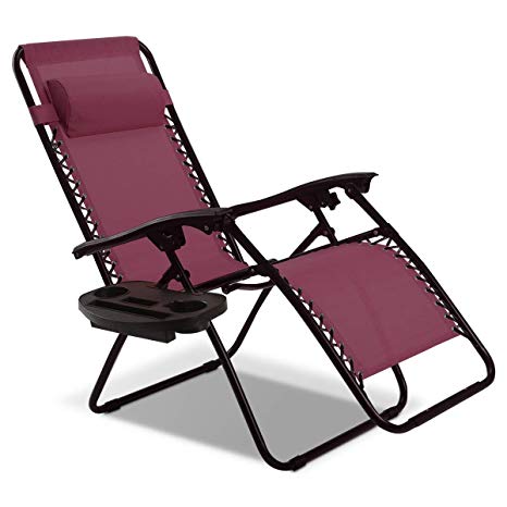 Goplus Folding Zero Gravity Reclining Lounge Chairs Outdoor Beach Patio W/Utility Tray (Wine)