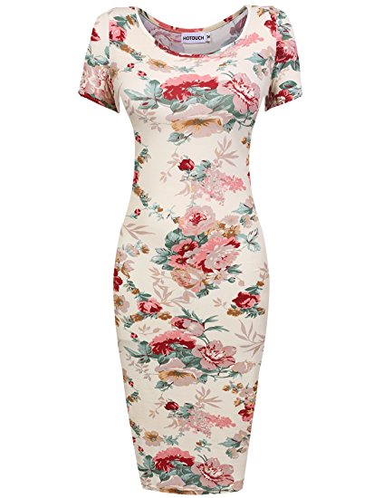 Hotouch Womens Floral Sweetheart Bodycons Midi Dress Short Sleeve Scoop Neck Pencil Slim Dress