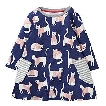 HILEELANG Toddler Little Girl Long Sleeve Cotton Cartoon Applique Strip Shirt Party Dress