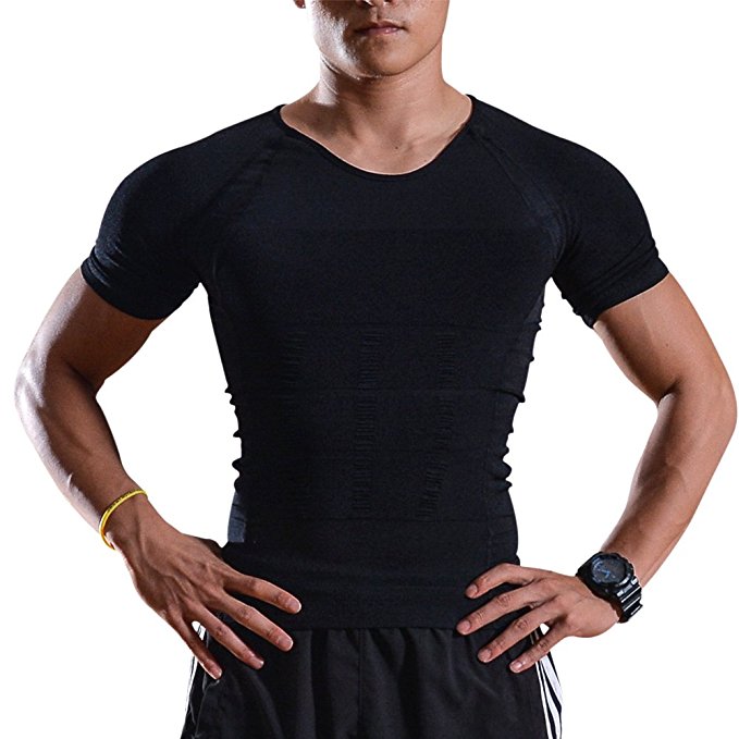 IMAGE Men's Body Shape- Slimming Vest for Tummy Waist Body Belly lose Weight - Cotton Compression Short Sleeve vest Shirt Shaping Garment Burning Fat in Gym Home and Outdoor.