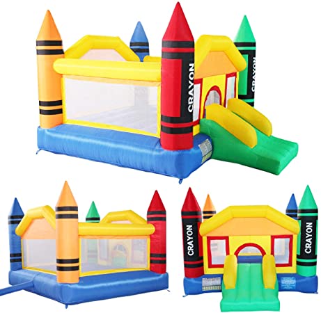 JAXPETY Inflatable Bounce House with Slide and Mesh Wall, Kids Jump Castle Bouncer Carry Bag, Repair Kit for Children 3-10 (Crayon-Style)