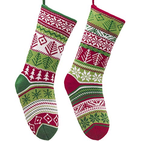 Valery Madelyn 18 inch 2 Pack Red Green White Knit Christmas Stockings with Snowflake Patterns, Themed with Classic Collection Splendor Tree Skirt (Not Included)
