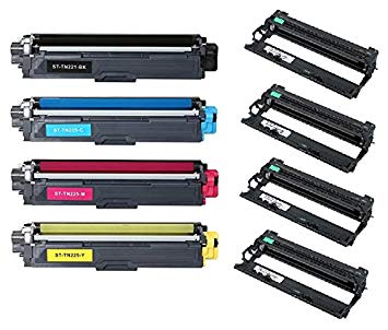 4/Pack TN225 BCMY Toner   4/Pack DR225 Drum Cartridge for Brother Compatible with: MFC-9130CW, MFC-9330CDW, MFC-9340CDW, HL-3140CW, HL-3170CDW, HL-3180CDW