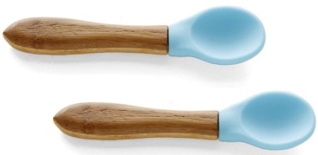 AVANCHY Baby Toddler Infant Silicone and Bamboo Spoon Set Soft Tip Teether NO BPA 2 Spoons for their gentle gums  BONUS E-BOOK Your Healthy Biodegradable choice A Great Baby Gift Set Blue