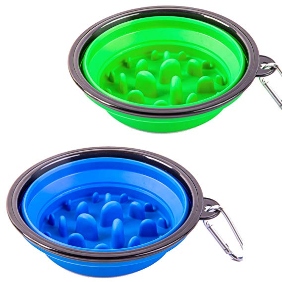 STARUBY 2 Pack Collapsible Dog Bowl, Slow Feed Dog Bowl, Foldable Pet Travel Bowl, Portable Slow Feeder Cat Bowl, for Outdoor Camping Pet Food Water Feeding Large Size Green and Blue