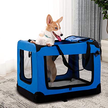 PURLOVE Lightweight Fabric Pet Carrier with Mat Food Bag Portable Folding Pet Cage Blue - M (60 x 42 x 42 cm)