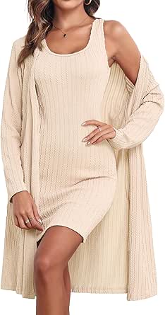 Ekouaer Robe Sets for Women Sleepwear Rib Knit Bodycon Nightgown with Robes Set 2 Piece Soft Lightweight Loungewear