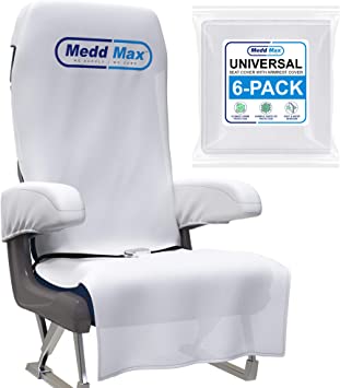 Medd Max Protective Airplane Seat Covers Disposable /Reusable & Armrest Covers – Eco-Friendly Disposable Seat Covers for Airplane, Train, Bus, Ride-Share Car, Fit Most Public Seating, White, Pack of 6