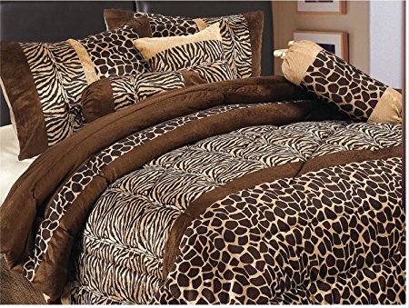 Home Collection Safari, Zebra, Giraffe Print Brown Micro Fur Comforter Set, Bed In Bag, Queen Size, 7 Piece