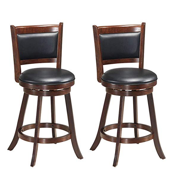 COSTWAY Set of 2 Dining Chair Accent Wooden Swivel Back Bar Height Stool, Fabric Upholstered 360 Degree Swivel, PVC Cushioned Seat, Perfect for Dining and Living Room (Height 24")