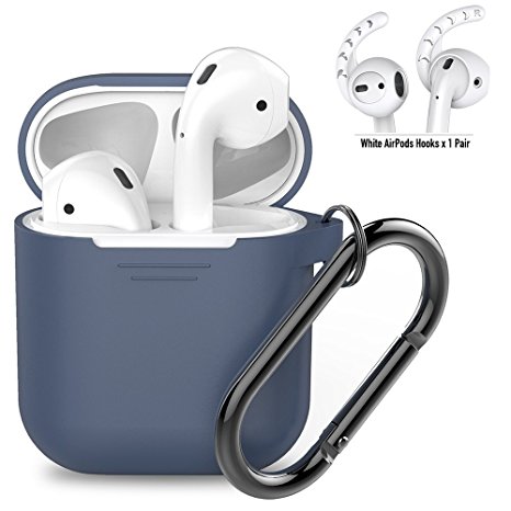 AhaStyle AirPods Portable Case with One Pair of AirPods Hooks for Apple AirPods Charging Case (Navy Blue Case   White Hooks)