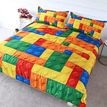 Blessliving Colorful Toy Bedding Building Blocks Pattern Duvet Cover 3 Pieces Kids Boys Fun Brick Bedspread Set (Full)