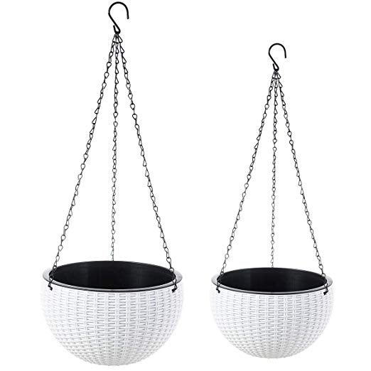 Foraineam 2-Pack Dual-pots Design Hanging Basket Planters Self-Watering Indoor Outdoor Plant & Flower Hanging Pots with Drainer and Chain, 2 Size Assorted (White)