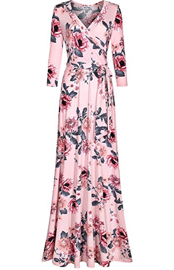 Bon Rosy Women's 3/4 Sleeve V-Neck Printed Maxi Wrap Dress