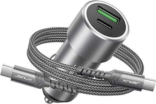 USB C Car Charger Fast 38W, JSAUX USB Car Charger Cigarette Lighter Adapter Dual Ports PD&QC 3.0 Compatible with Samsung Galaxy S21/S20/S10/S9/S8 Note 20/10, iPhone 13/12/11/X with USB C-C Cable-Grey