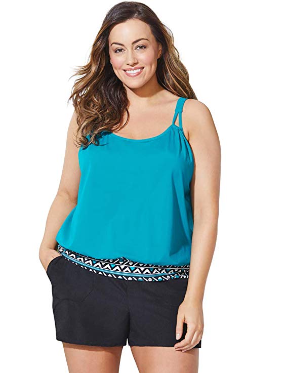 SWIMSUITSFORALL Swimsuits for All Women's Plus Size Loop Strap Blouson Tankini Set with Cargo Short