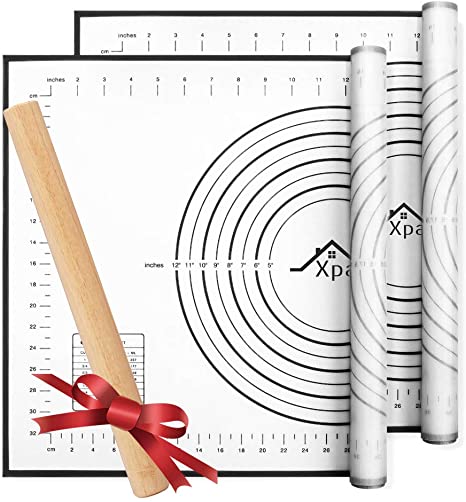 Silicone Pastry Mat 2 Pieces, Xpatee Pastry Mat with Measurement and a Rolling Pin for Counter Mat, Dough Rolling, Baking Mat, Non-Slip Fondant Mat, Pie Crust Mat -Grey 16 x 24 Inches