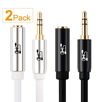 Super HD 3.5mm Aux Stereo Audio Extension Cable Male to Female Type 24K Gold Plated Step Down Design Metal Connectors with High Purity OFC Conductor White and Black-4Feet-2Pack
