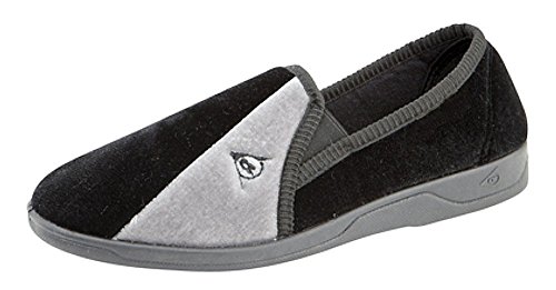 Dunlop WINSTON Mens Velour Twin Gusset Slippers Black/Grey