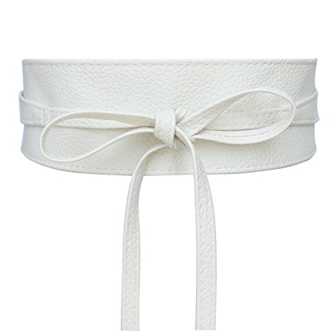 Women's Soft Faux Leather Wrap Around Obi Style Bow Tie Waist Band Belt for Dress