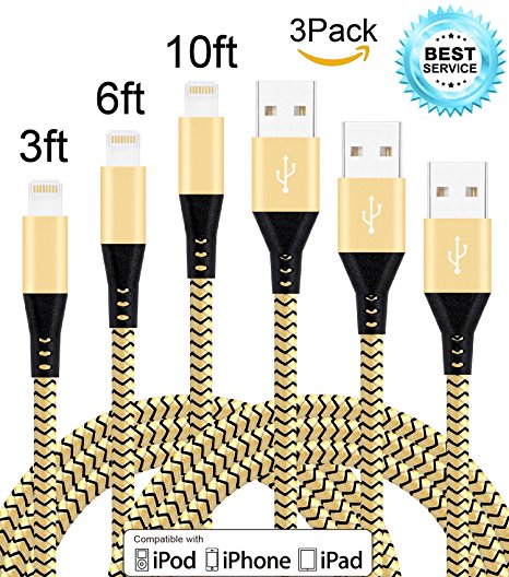Mscrosmi 3Pack 3FT 6FT 10FT Nylon Braided Lightning Cable USB Cord Charging Cable compatible with iPhone 7/7Plus/6s/6s Plus/6/6Plus/5s/5c/5,iPad/iPod,iOS devices and more.(Gold Black)