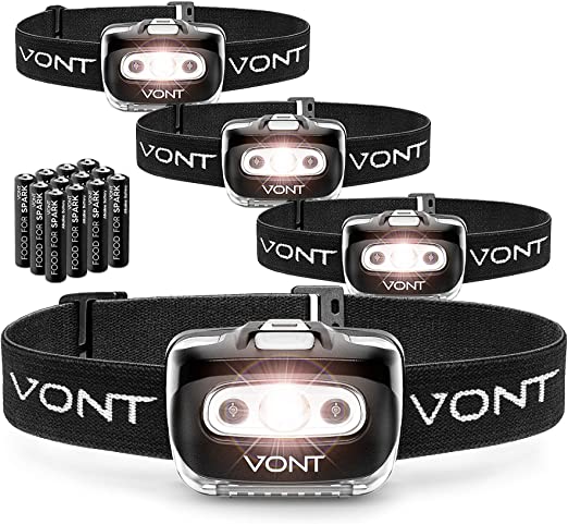 Vont 'Spark' LED Headlamp Flashlight (Batteries Included) Head Lamp Gear Suitable for Running, Camping, Hiking, Climbing, Fishing, Jogging, Headlight with Red Light, Headlamps - Adults, Kids (4 Pack)