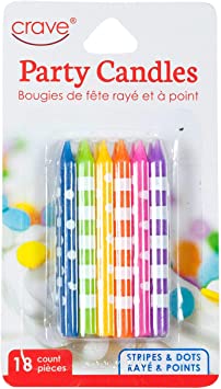 Jacent Fun Polka Dot and Striped Multicolored Birthday Candles, 18 Count per Pack - 1 Pack