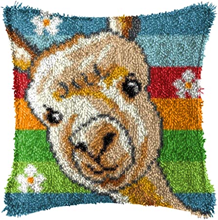 MLADEN Latch Hook Kit Pillow Cover DIY Crochet Yarn Kits Hooking Pillow Cover for Adults and Kids 17" X 17" (Alpaca)