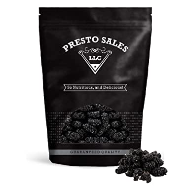 Mulberries, "FRESH" Dried Black - No sugar added, Delicious, Quality, Vegan, User Friendly, Snack, Healthy, Ingredient, Luscious, Packed in a resealable 1 lb. (16 oz.) pouch bag by Presto Sales LLC