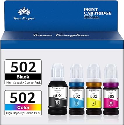 Toner Kingdom Compatible Ink Bottle Replacement for 502 T502 High Yield Refill Ink for ET-2760 ET-2750 ET-3760 ET-3750 ET-3710 ET-4750 ET-15000 ET-3700 Printer (Black, Cyan, Magenta, Yellow, 4 Pack)