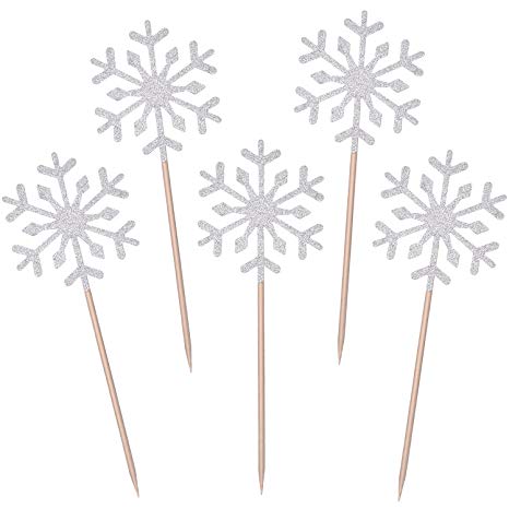 TOODOO 60 Pack Snowflake Cupcake Toppers Glitter Snowflake Cake Topper Picks for Christmas Birthday Party Baby Shower Wedding Cake Decoration (Silver)