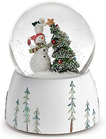 Roman 5.75" Snowmen Topping The Christmas Tree with a Star Musical Snow Globe