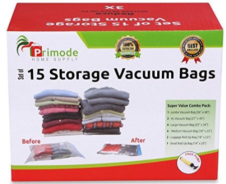 Primode Space Saver Vacuum Storage Bags, 15 Count Value Pack - Saves Space & Protects Clothing Easy-to-Use (Set Of 15)