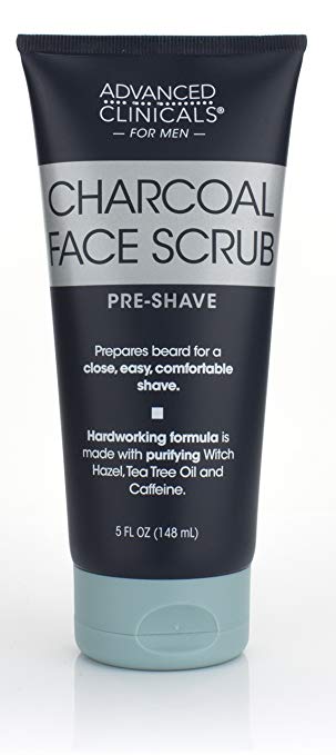 Advanced Clinicals Charcoal Face Scrub with Sandalwood, Tea Tree oil and witch hazel. The best Pre-Shave cleanser to prepare your beard for a close, comfortable shave. Sulfrate-free. 5oz