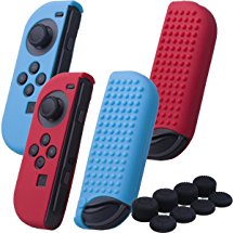 YoRHa Studded Silicone Cover Skin Case x 4 for Nintendo Switch/NS/NX Joy-Con controller (red & blue) With Joy-Con thumb grips x 8