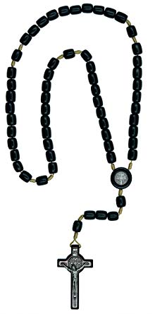 Catholica Shop Silver Cross Necklace with Wood Beads Rosary I Religious Wear Saint Benedict I Black Cross Necklace for Men & Women I Wooden Cross Necklace for Men I Silver Cross Necklace - 20 Inch