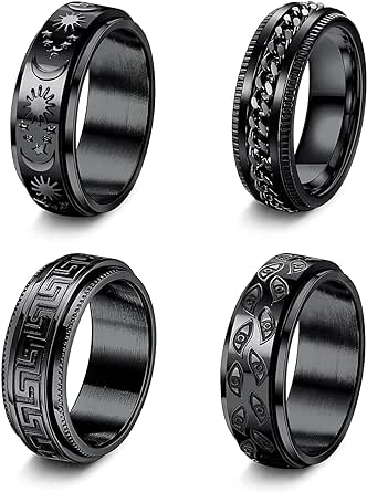 LOLIAS 4 Stücke Schwarz Spinner Ringe für Männer Frauen Teen Cool Mood Star Ketten Evil Eye Angst Ringe Edelstahl Fidget Ring Stressabbau Hochzeit Versprechen Band Ringe