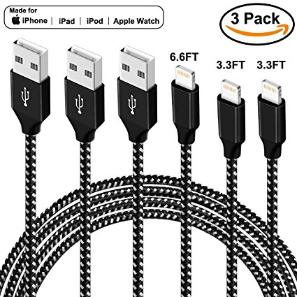 Lightning Cable,iPhone Charger Cables 3Pack 3.3FT 3.3FT 6.6FT to USB Syncing Data and Nylon Braided Cord Charger for iPhone X/8/8Plus/7/7Plus/6/6Plus/6s/6sPlus/5/5s/5c/SE and iPad,iPod