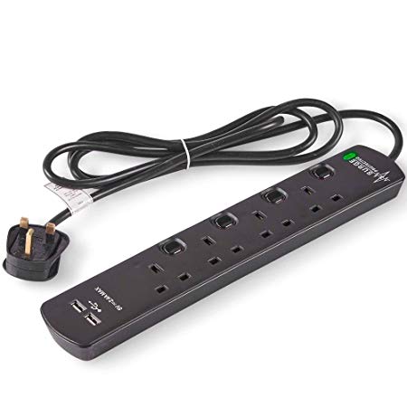 VonHaus Switched Extension Lead 4 Socket   2 USB With LED Indicator & Surge Protection - Ideal for Living Room/Kitchen/Gaming/Garage/Entertainment Systems/Home Office