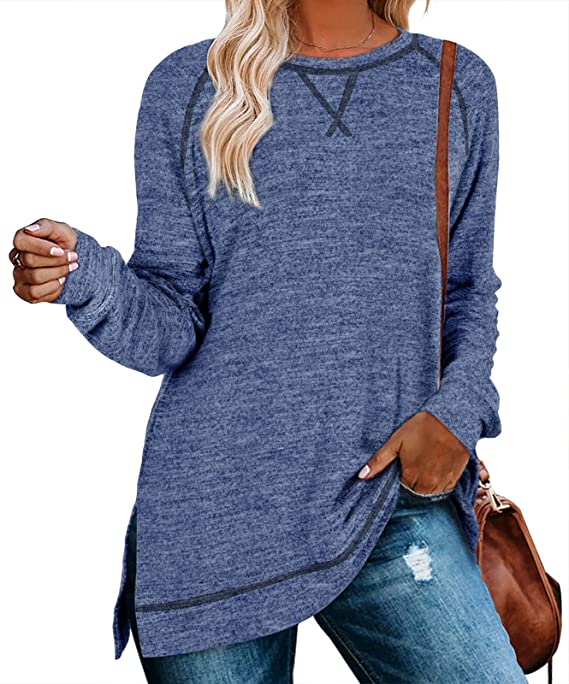 Aokosor Women's Long Sleeve Loose Casual Fall Pullover Side Split Tunic Tops