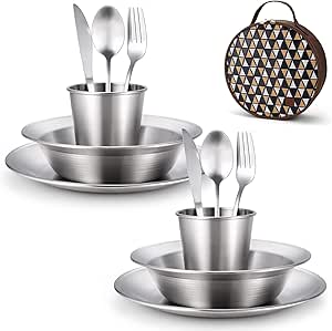 Odoland Set de Couverts Camping 13 en 1, Kit de Vaisselle en Acier Inoxydable Poli avec Assiette Bol Tasse Fourchette Cuillère Couteau Sac Voyage Portable, pour Cuisine Camping Randonnée Pique-Nique