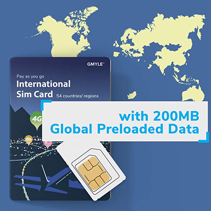 GMYLE SIM Starter Kit, 200 MB Global Data, Prepaid International Travel SIM Card, Flexible Top-up Data Packs for Over 50 Countries and Regions