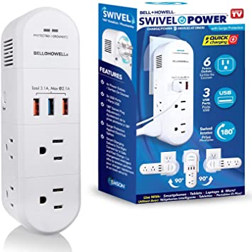 Swivel Power by Bell Howell Rapid Charging Station with Surge Protection – 180-degree Swiveling Design to Ease Access, with 6 Electrical Outlets and 3 USB Port As Seen On TV