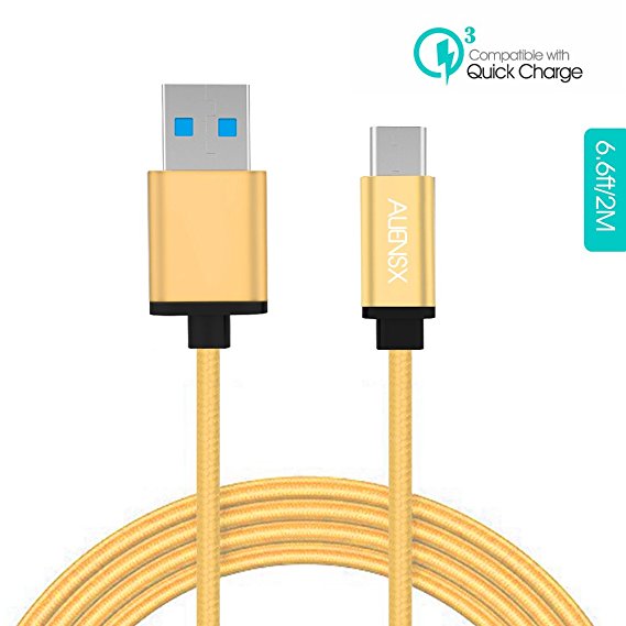 Aliensx USB C Cable 3A Peak Support Qualcomm Quick Charge 3.0, Nylon Braided USB C to A/3.0 Cable Charge & 10Gbps High Speed Data Sync USB Type C Cable With Reversible Connector (6.6ft/2M Gold)