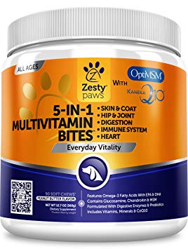 Zesty Paws Multivitamin for Dogs - Glucosamine & Chondroitin   MSM for Hip & Joint   Arthritis - Fish Oil for Skin & Coat   Digestive Enzymes & Probiotics   CoQ10 Dog Vitamins - 90 Chew Treats