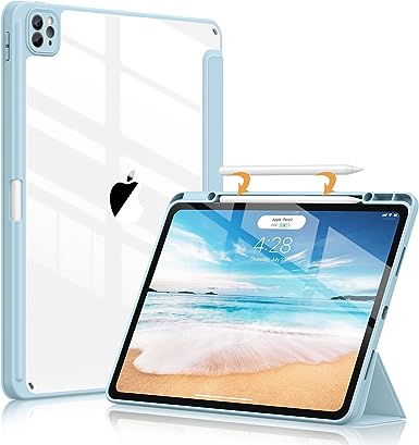 Soke Ultra Hybrid Case for iPad Pro 12.9 Inch (6th/5th/4th/3rd Generation, 2022/2021/2020/2018) - Pencil Holder   Auto Sleep/Wake   Camera Protection, Transparent Shockproof Back Cover, Sky Blue